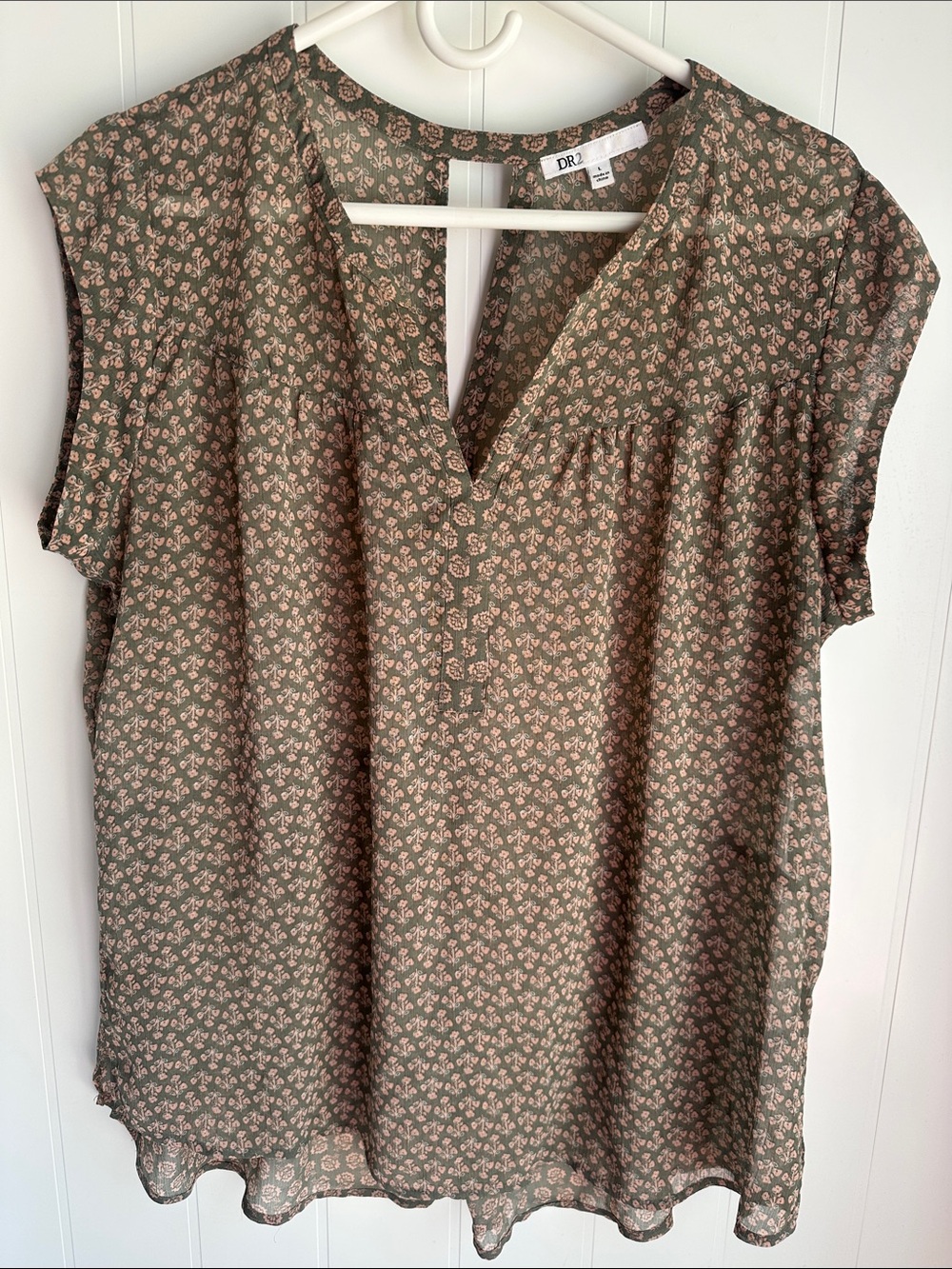 DR2 Olive Green Floral V-Neck Cap Sleeve Blouse